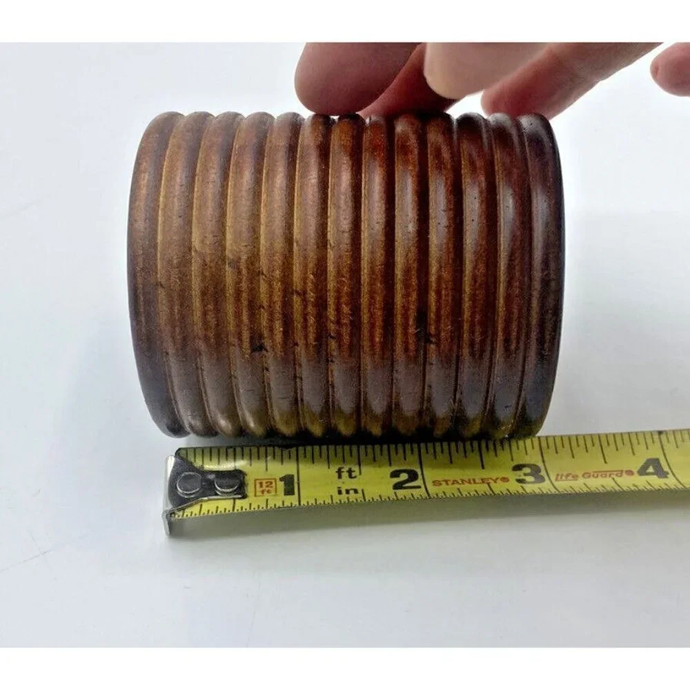 Pier 1 Candle Holder Round Wood Ribbed Elevated Brown Natural Rustic Circles